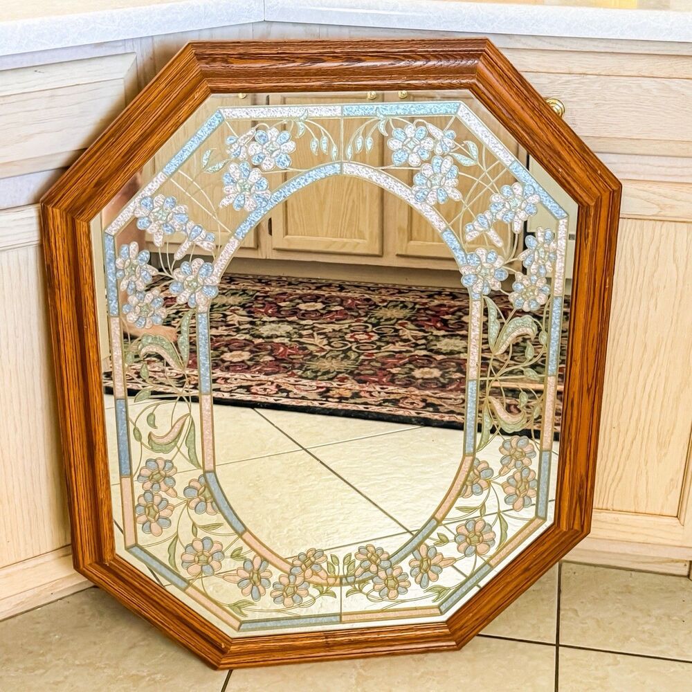 Vintage Windsor Art Floral Etched Mirror Octagon Wood Frame Cottagecore 34”